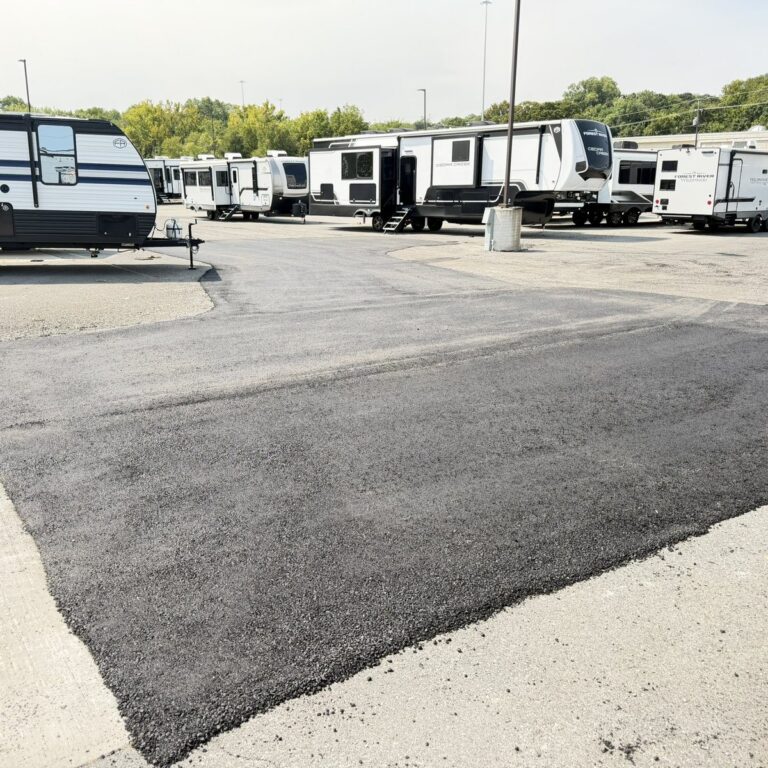 Finished asphalt patch at an RV dealership in Sherman, TX